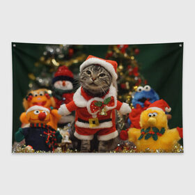 Флаг-баннер с принтом Прикольный Санта в Тюмени, 100% полиэстер | размер 67 х 109 см, плотность ткани — 95 г/м2; по краям флага есть четыре люверса для крепления | елка | зима | кот | котейка | кошка | мороз | новый год | снег | снежинки