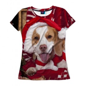 Женская футболка 3D с принтом Прикольный Санта в Тюмени, 100% полиэфир ( синтетическое хлопкоподобное полотно) | прямой крой, круглый вырез горловины, длина до линии бедер | елка | новый год | пес | снег | снежинки | собака | щенок