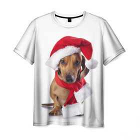 Мужская футболка 3D с принтом Новый год со стилягами в Тюмени, 100% полиэфир | прямой крой, круглый вырез горловины, длина до линии бедер | елка | зима | мороз | новый год | пес | снег | снежинки | собака