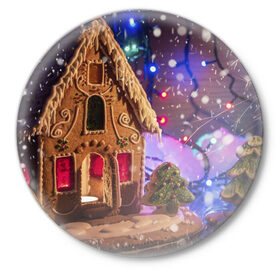 Значок с принтом Мастерская Деда Мороза в Тюмени,  металл | круглая форма, металлическая застежка в виде булавки | Тематика изображения на принте: елка | зима | мороз | новый год | символ | снег | снежинки