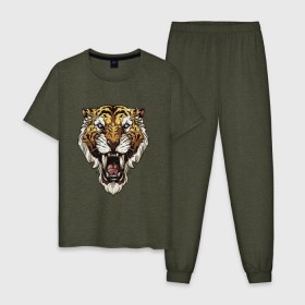 Мужская пижама хлопок с принтом Тигр тигр тигрррррррр в Тюмени, 100% хлопок | брюки и футболка прямого кроя, без карманов, на брюках мягкая резинка на поясе и по низу штанин
 | оскал | тигр