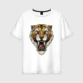 Женская футболка хлопок Oversize с принтом Тигр тигр тигрррррррр в Тюмени, 100% хлопок | свободный крой, круглый ворот, спущенный рукав, длина до линии бедер
 | оскал | тигр