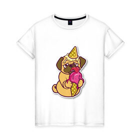 Женская футболка хлопок с принтом Мопс мороженка в Тюмени, 100% хлопок | прямой крой, круглый вырез горловины, длина до линии бедер, слегка спущенное плечо | день рождения | мопс | мороженка | мороженное