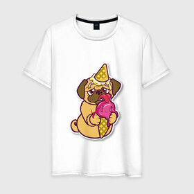 Мужская футболка хлопок с принтом Мопс мороженка в Тюмени, 100% хлопок | прямой крой, круглый вырез горловины, длина до линии бедер, слегка спущенное плечо. | день рождения | мопс | мороженка | мороженное