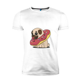Мужская футболка премиум с принтом Мопс пончик в Тюмени, 92% хлопок, 8% лайкра | приталенный силуэт, круглый вырез ворота, длина до линии бедра, короткий рукав | мопс | новый год | пончик