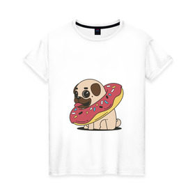 Женская футболка хлопок с принтом Мопс пончик в Тюмени, 100% хлопок | прямой крой, круглый вырез горловины, длина до линии бедер, слегка спущенное плечо | Тематика изображения на принте: мопс | новый год | пончик