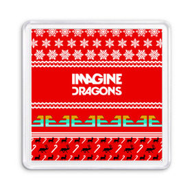 Магнит 55*55 с принтом Праздничный Imagine Dragons в Тюмени, Пластик | Размер: 65*65 мм; Размер печати: 55*55 мм | Тематика изображения на принте: dragons | imagine | альтернативный | американская | арена | бэн макки | группа | драгонс | дэн | дэн рейнольдс | знак | имеджин | инди | индирок | красный | надпись | новогодний | новый год | поп | праздник