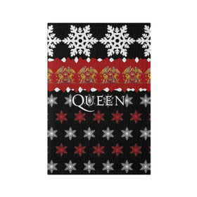 Обложка для паспорта матовая кожа с принтом Праздничный Queen в Тюмени, натуральная матовая кожа | размер 19,3 х 13,7 см; прозрачные пластиковые крепления | paul rodg | queen | quen | брайан мэй | глэм | группа | джон дикон | знак | квин | королева | красный | куин | меркури | меркьюри | мэркури | надпись | новогодний | новый год | поп | праздник | роджер тейлор