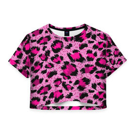 Женская футболка 3D укороченная с принтом Розовый леопард в Тюмени, 100% полиэстер | круглая горловина, длина футболки до линии талии, рукава с отворотами | гепард | леопард