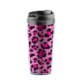 Термокружка-непроливайка с принтом Розовый леопард в Тюмени, внутренняя часть — пищевой пластик, наружная часть — прозрачный пластик, между ними — полиграфическая вставка с рисунком | объем — 350 мл, герметичная крышка | Тематика изображения на принте: гепард | леопард