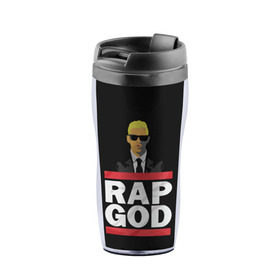 Термокружка-непроливайка с принтом Rap God Eminem в Тюмени, внутренняя часть — пищевой пластик, наружная часть — прозрачный пластик, между ними — полиграфическая вставка с рисунком | объем — 350 мл, герметичная крышка | actor | american rapper | composer | eminem | music | rap | rap god | record producer |   | актёр | американский | композитор | музыка | музыкальный продюсер | рэп | рэпер