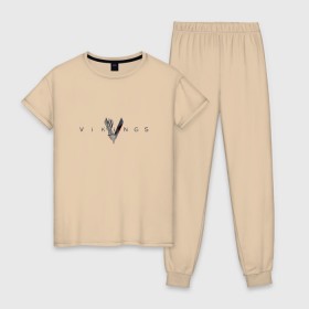 Женская пижама хлопок с принтом Викинги 1 в Тюмени, 100% хлопок | брюки и футболка прямого кроя, без карманов, на брюках мягкая резинка на поясе и по низу штанин | vikings | викинги