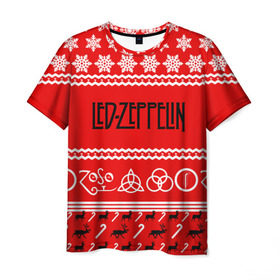 Мужская футболка 3D с принтом Праздничный Led Zeppelin в Тюмени, 100% полиэфир | прямой крой, круглый вырез горловины, длина до линии бедер | Тематика изображения на принте: led zeppelin | блюз | группа | джимми пейдж | джон генри бонэм | джон пол джонс | знак | красный | лед зепелен | лед зеппелин | метал | надпись | новогодний | новый год | праздник | роберт плант | рождество