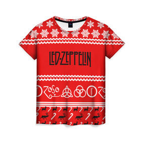 Женская футболка 3D с принтом Праздничный Led Zeppelin в Тюмени, 100% полиэфир ( синтетическое хлопкоподобное полотно) | прямой крой, круглый вырез горловины, длина до линии бедер | led zeppelin | блюз | группа | джимми пейдж | джон генри бонэм | джон пол джонс | знак | красный | лед зепелен | лед зеппелин | метал | надпись | новогодний | новый год | праздник | роберт плант | рождество
