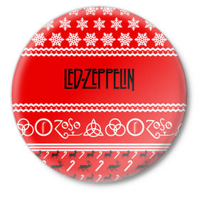 Значок с принтом Праздничный Led Zeppelin в Тюмени,  металл | круглая форма, металлическая застежка в виде булавки | Тематика изображения на принте: led zeppelin | блюз | группа | джимми пейдж | джон генри бонэм | джон пол джонс | знак | красный | лед зепелен | лед зеппелин | метал | надпись | новогодний | новый год | праздник | роберт плант | рождество