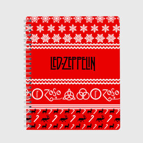Тетрадь с принтом Праздничный Led Zeppelin в Тюмени, 100% бумага | 48 листов, плотность листов — 60 г/м2, плотность картонной обложки — 250 г/м2. Листы скреплены сбоку удобной пружинной спиралью. Уголки страниц и обложки скругленные. Цвет линий — светло-серый
 | Тематика изображения на принте: led zeppelin | блюз | группа | джимми пейдж | джон генри бонэм | джон пол джонс | знак | красный | лед зепелен | лед зеппелин | метал | надпись | новогодний | новый год | праздник | роберт плант | рождество