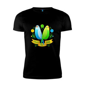 Мужская футболка премиум с принтом Попугаи арт в Тюмени, 92% хлопок, 8% лайкра | приталенный силуэт, круглый вырез ворота, длина до линии бедра, короткий рукав | Тематика изображения на принте: волнистый попугай | джунгли | попугай