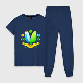 Женская пижама хлопок с принтом Попугаи арт в Тюмени, 100% хлопок | брюки и футболка прямого кроя, без карманов, на брюках мягкая резинка на поясе и по низу штанин | волнистый попугай | джунгли | попугай