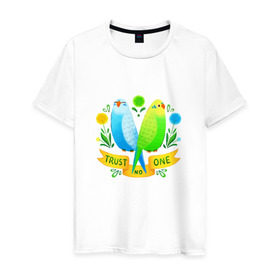 Мужская футболка хлопок с принтом Попугаи арт в Тюмени, 100% хлопок | прямой крой, круглый вырез горловины, длина до линии бедер, слегка спущенное плечо. | волнистый попугай | джунгли | попугай