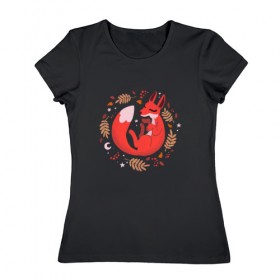 Женская футболка хлопок с принтом Лиса в Тюмени, 100% хлопок | прямой крой, круглый вырез горловины, длина до линии бедер, слегка спущенное плечо | лиса | осень