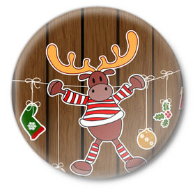Значок с принтом Мастерская Деда Мороза в Тюмени,  металл | круглая форма, металлическая застежка в виде булавки | Тематика изображения на принте: зима | игрушки | лед | лось | олень | праздник | рога | снежинка | узор | украшения