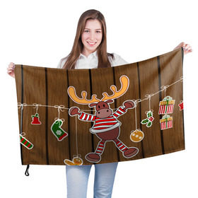 Флаг 3D с принтом Мастерская Деда Мороза в Тюмени, 100% полиэстер | плотность ткани — 95 г/м2, размер — 67 х 109 см. Принт наносится с одной стороны | зима | игрушки | лед | лось | олень | праздник | рога | снежинка | узор | украшения