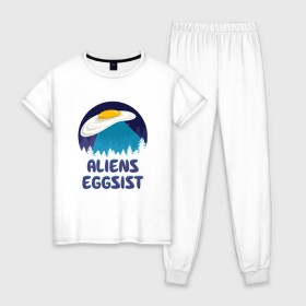 Женская пижама хлопок с принтом НЛО яйца в Тюмени, 100% хлопок | брюки и футболка прямого кроя, без карманов, на брюках мягкая резинка на поясе и по низу штанин | инопланетяне | нло | секретные материалы | яйца