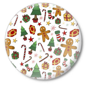 Значок с принтом С новым годом! в Тюмени,  металл | круглая форма, металлическая застежка в виде булавки | дед | елка | зима | мороз | рождество | снег | снеговик | сочельник