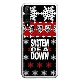 Чехол для Honor P30 с принтом Праздничный System of a Down в Тюмени, Силикон | Область печати: задняя сторона чехла, без боковых панелей | Тематика изображения на принте: soad | soil | system of a down | группа | дав | дарон малакян | джон долмаян | знак | красный | надпись | новогодний | новый год | оф | праздник | рождество | рок | серж танкян | систем | снежинки | соад | сод | соэд