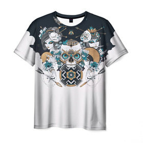 Мужская футболка 3D с принтом SKULL JAPAN в Тюмени, 100% полиэфир | прямой крой, круглый вырез горловины, длина до линии бедер | Тематика изображения на принте: arrow | skull | белый | девушка | линии | маски.кот | модные | небо | облако | синий | скелет | стимпанк | стрелы | череп | яркие