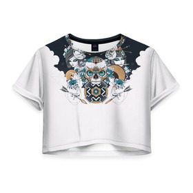 Женская футболка 3D укороченная с принтом SKULL JAPAN в Тюмени, 100% полиэстер | круглая горловина, длина футболки до линии талии, рукава с отворотами | Тематика изображения на принте: arrow | skull | белый | девушка | линии | маски.кот | модные | небо | облако | синий | скелет | стимпанк | стрелы | череп | яркие