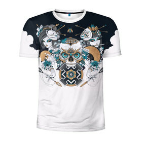 Мужская футболка 3D спортивная с принтом SKULL JAPAN в Тюмени, 100% полиэстер с улучшенными характеристиками | приталенный силуэт, круглая горловина, широкие плечи, сужается к линии бедра | arrow | skull | белый | девушка | линии | маски.кот | модные | небо | облако | синий | скелет | стимпанк | стрелы | череп | яркие