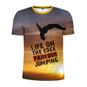 Мужская футболка 3D спортивная с принтом parkour в Тюмени, 100% полиэстер с улучшенными характеристиками | приталенный силуэт, круглая горловина, широкие плечи, сужается к линии бедра | extreme | jumping | parkour | speed | urban | опасность | паркур | прыжки | риск | скорость | экстрим