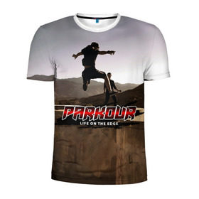 Мужская футболка 3D спортивная с принтом parkour в Тюмени, 100% полиэстер с улучшенными характеристиками | приталенный силуэт, круглая горловина, широкие плечи, сужается к линии бедра | extreme | jumping | parkour | speed | urban | опасность | паркур | прыжки | риск | скорость | экстрим