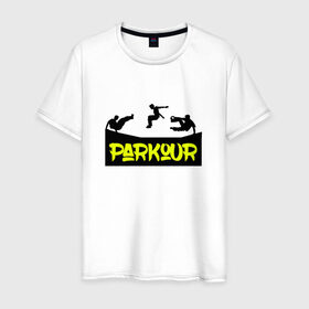 Мужская футболка хлопок с принтом parkour в Тюмени, 100% хлопок | прямой крой, круглый вырез горловины, длина до линии бедер, слегка спущенное плечо. | extreme | jumping | parkour | speed | urban | опасность | паркур | прыжки | риск | скорость | экстрим