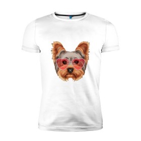Мужская футболка премиум с принтом Йоркширский терьер в очках сердечках в Тюмени, 92% хлопок, 8% лайкра | приталенный силуэт, круглый вырез ворота, длина до линии бедра, короткий рукав | домашние животные | пес | собака | терьер