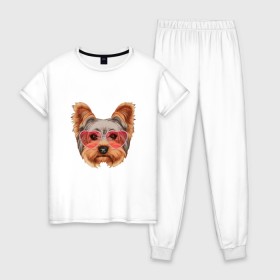Женская пижама хлопок с принтом Йоркширский терьер в очках сердечках в Тюмени, 100% хлопок | брюки и футболка прямого кроя, без карманов, на брюках мягкая резинка на поясе и по низу штанин | домашние животные | пес | собака | терьер
