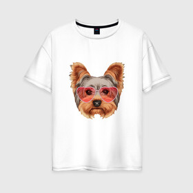 Женская футболка хлопок Oversize с принтом Йоркширский терьер в очках сердечках в Тюмени, 100% хлопок | свободный крой, круглый ворот, спущенный рукав, длина до линии бедер
 | домашние животные | пес | собака | терьер