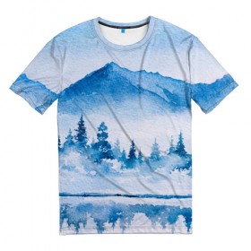 Мужская футболка 3D с принтом Зимний пейзаж в Тюмени, 100% полиэфир | прямой крой, круглый вырез горловины, длина до линии бедер | арт | елки | зима | картина | краски | лес | пейзаж | природа
