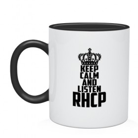 Кружка двухцветная с принтом Keep calm and listen RHCP в Тюмени, керамика | объем — 330 мл, диаметр — 80 мм. Цветная ручка и кайма сверху, в некоторых цветах — вся внутренняя часть | red hot chili peppers | rhcp | альтернативный | группа | джош клингхоффер | красные острые перцы чили | метал | ред хот чили пеперс | рок | рхчп | рэп | фанк | фли | чад смит | энтони кидис