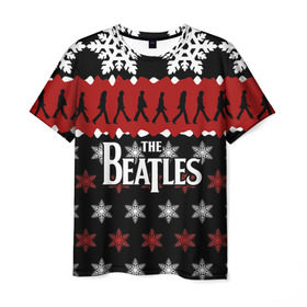 Мужская футболка 3D с принтом Праздничный The Beatles в Тюмени, 100% полиэфир | прямой крой, круглый вырез горловины, длина до линии бедер | beatles | the beatles | бител | битлз | битлс | битлы | группа | джон леннон | джордж харрисон | жуки | знак | красный | ливерпульская четвёрка | мерсибит | надпись | новогодний | новый год | пол маккартни | поп