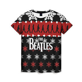 Женская футболка 3D с принтом Праздничный The Beatles в Тюмени, 100% полиэфир ( синтетическое хлопкоподобное полотно) | прямой крой, круглый вырез горловины, длина до линии бедер | beatles | the beatles | бител | битлз | битлс | битлы | группа | джон леннон | джордж харрисон | жуки | знак | красный | ливерпульская четвёрка | мерсибит | надпись | новогодний | новый год | пол маккартни | поп