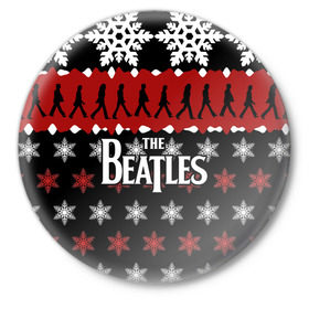 Значок с принтом Праздничный The Beatles в Тюмени,  металл | круглая форма, металлическая застежка в виде булавки | beatles | the beatles | бител | битлз | битлс | битлы | группа | джон леннон | джордж харрисон | жуки | знак | красный | ливерпульская четвёрка | мерсибит | надпись | новогодний | новый год | пол маккартни | поп