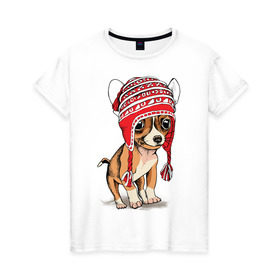 Женская футболка хлопок с принтом Чихуахуа в шапочке в Тюмени, 100% хлопок | прямой крой, круглый вырез горловины, длина до линии бедер, слегка спущенное плечо | домашние животные | пес | песик | собака | собачка | чихуахуа