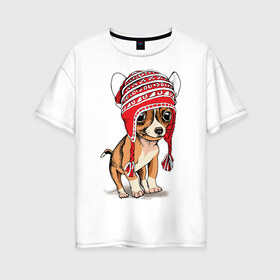 Женская футболка хлопок Oversize с принтом Чихуахуа в шапочке в Тюмени, 100% хлопок | свободный крой, круглый ворот, спущенный рукав, длина до линии бедер
 | домашние животные | пес | песик | собака | собачка | чихуахуа