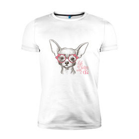 Мужская футболка премиум с принтом Чихуахуа в розовых очках в Тюмени, 92% хлопок, 8% лайкра | приталенный силуэт, круглый вырез ворота, длина до линии бедра, короткий рукав | домашние животные | пес | собака