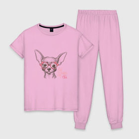 Женская пижама хлопок с принтом Чихуахуа в розовых очках в Тюмени, 100% хлопок | брюки и футболка прямого кроя, без карманов, на брюках мягкая резинка на поясе и по низу штанин | домашние животные | пес | собака