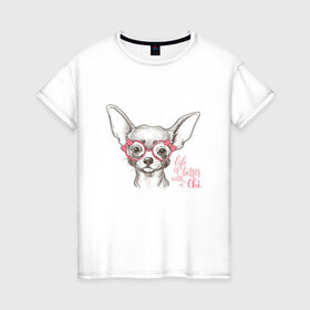Женская футболка хлопок с принтом Чихуахуа в розовых очках в Тюмени, 100% хлопок | прямой крой, круглый вырез горловины, длина до линии бедер, слегка спущенное плечо | домашние животные | пес | собака