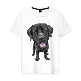 Мужская футболка хлопок с принтом Черный лабрадор в Тюмени, 100% хлопок | прямой крой, круглый вырез горловины, длина до линии бедер, слегка спущенное плечо. | Тематика изображения на принте: домашние животные | лабрадоры | пес | песик | ретриверы | собака | собачка