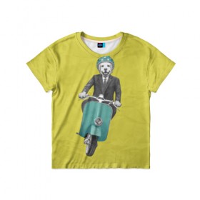 Детская футболка 3D с принтом Лабрадор на мотороллере в Тюмени, 100% гипоаллергенный полиэфир | прямой крой, круглый вырез горловины, длина до линии бедер, чуть спущенное плечо, ткань немного тянется | 